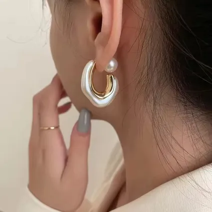 Golden White C Shaped Hoop Earrings